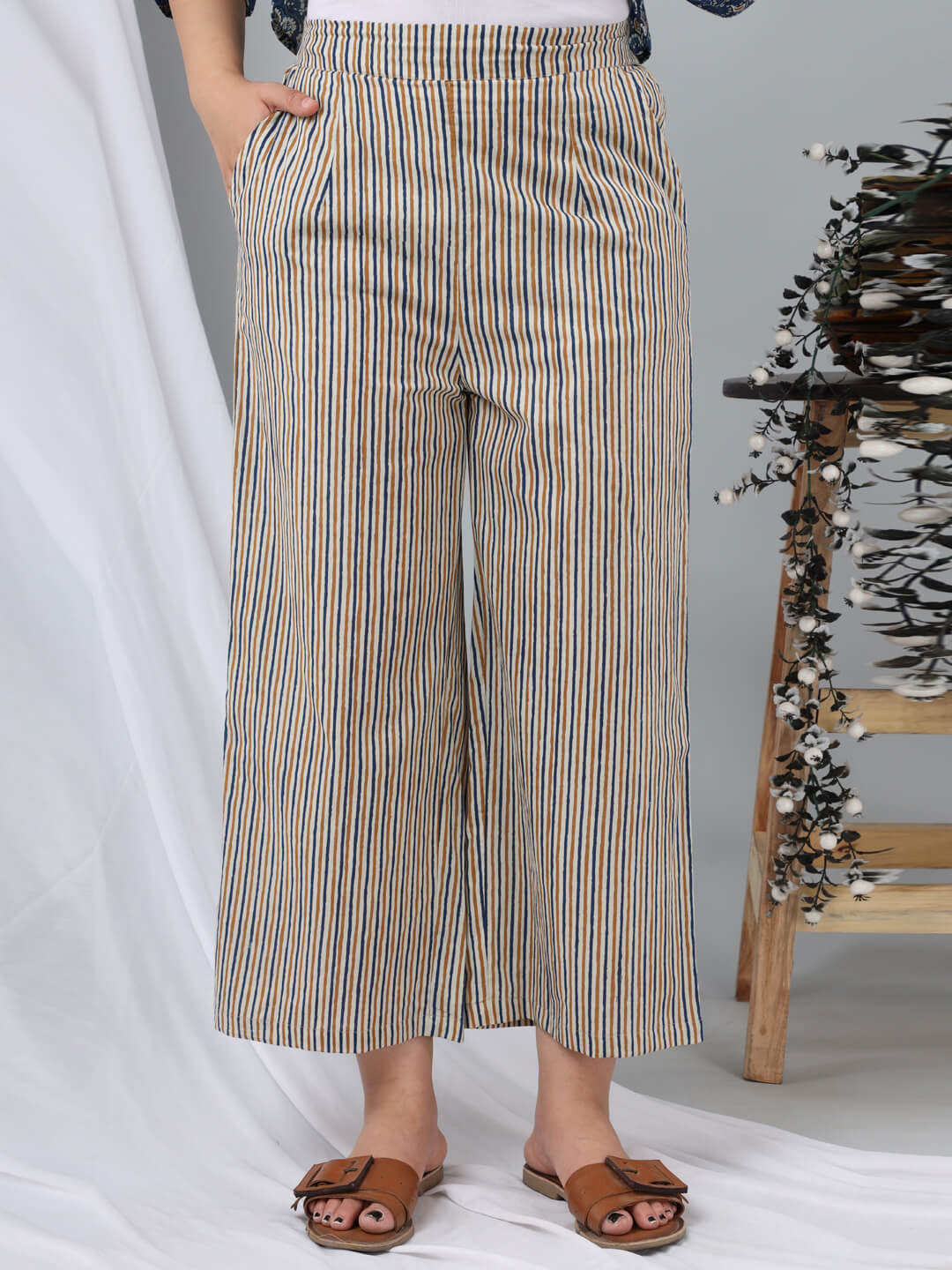 Indigo/Beige Hand Block Printed Cotton Lounge Wear (6697526886597)