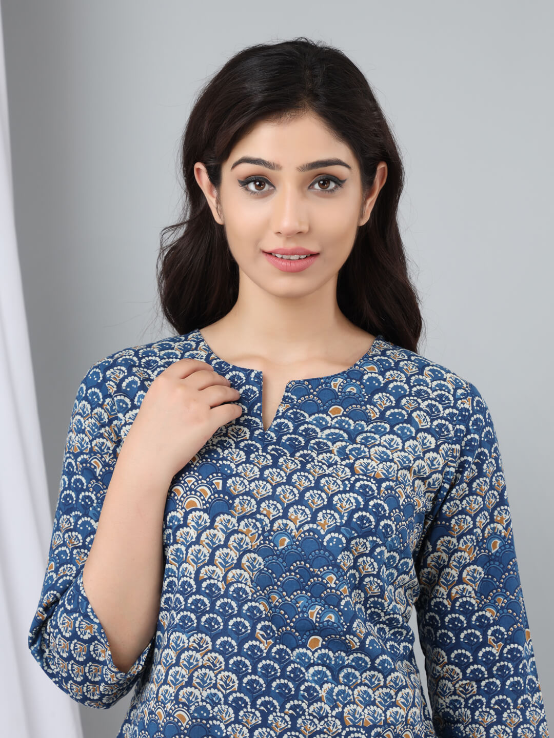 Indigo/Beige Hand Block Printed Cotton Lounge Wear (6697526886597)