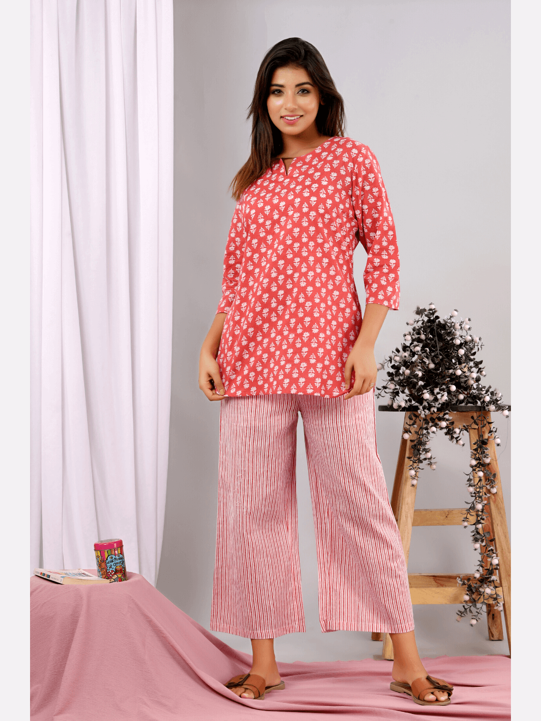 Coral Blush Block Printed Lounge Wear (6890383278277)