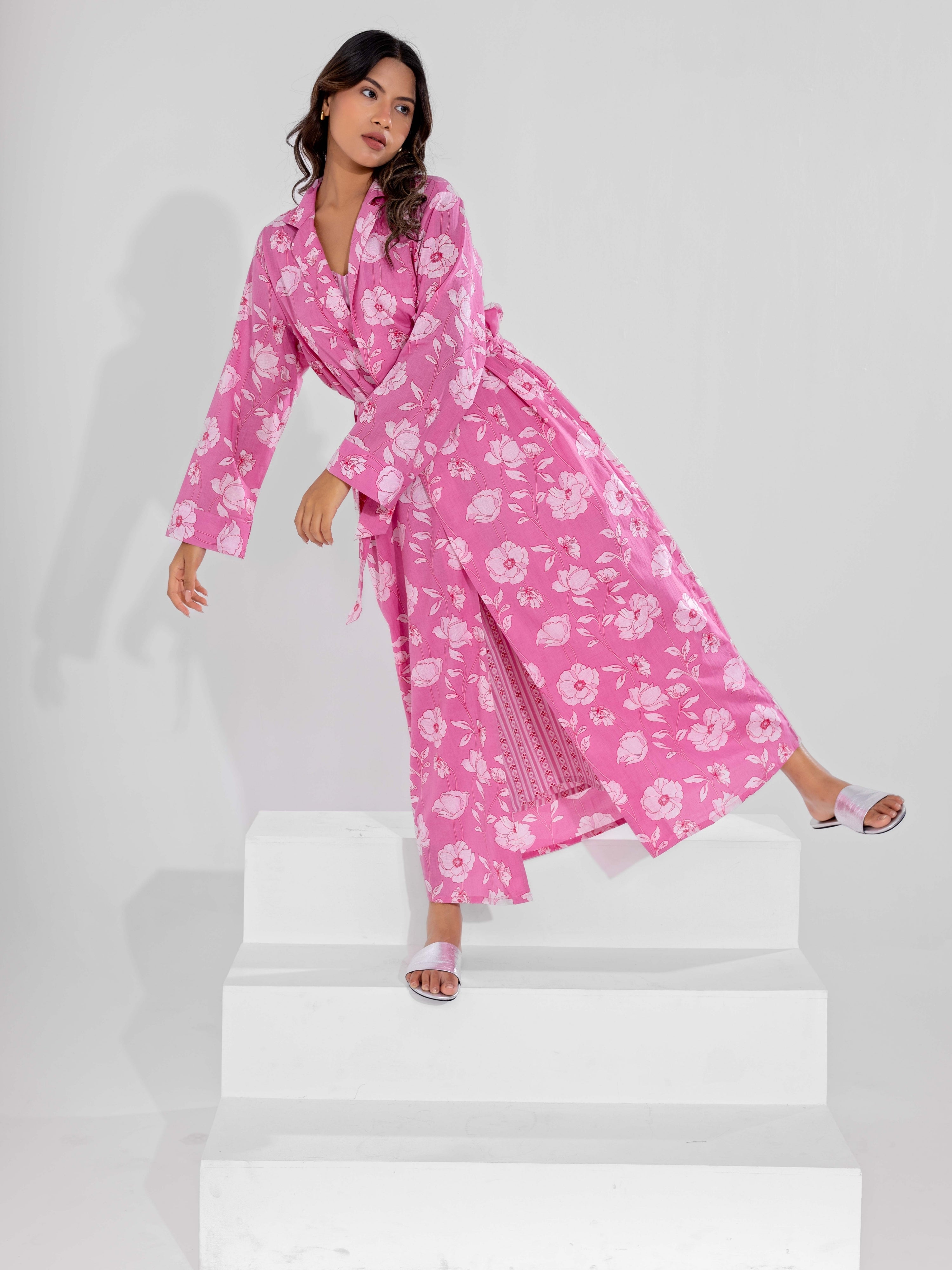 Pink soft pure cotton V - Neck Midi and Shrug